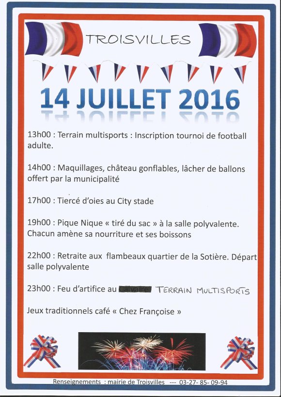 Programme du 14 juillet 2016 à Troisvilles